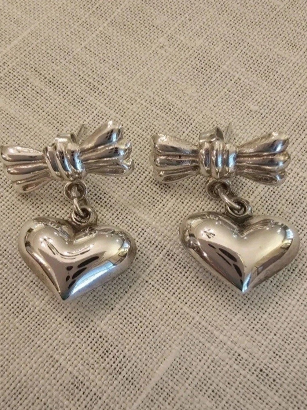 Vintage 1980s 925 Sterling Silver Puffy Heart Bow Dangle Earrings